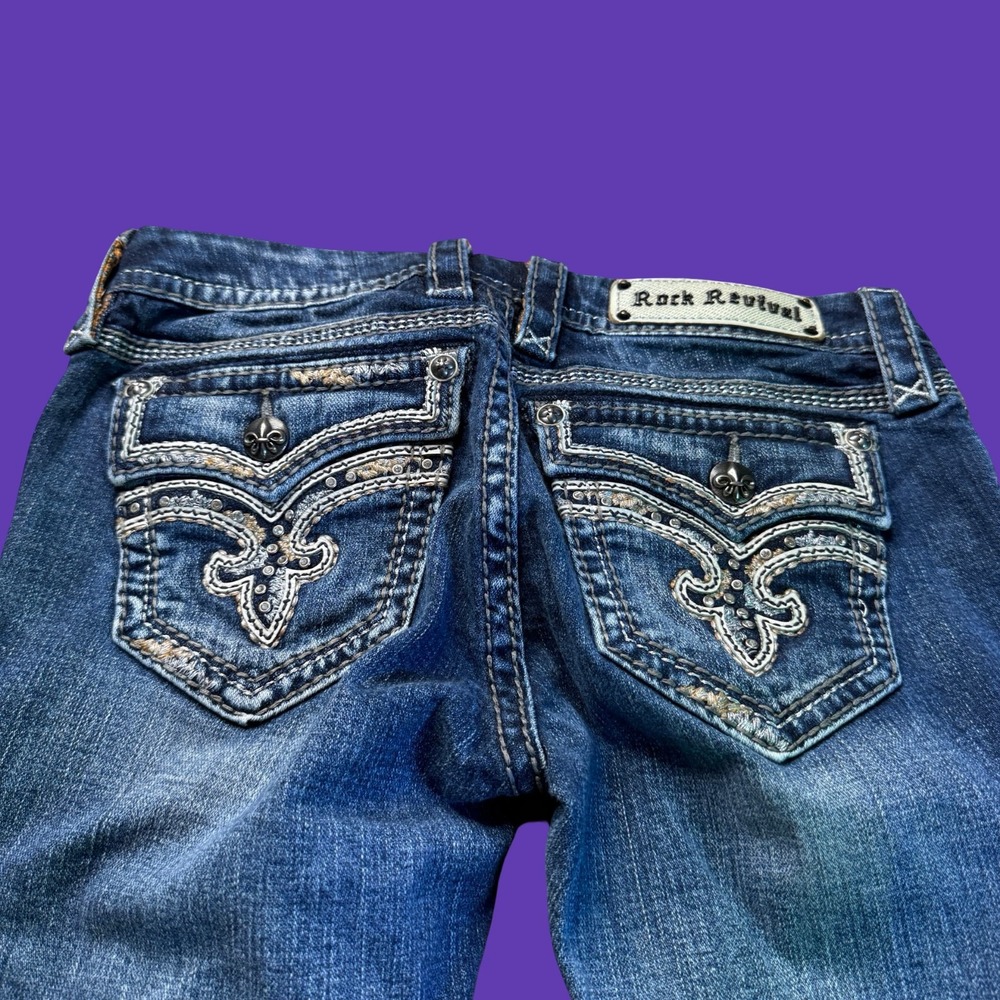 Rock Revival Womens Xia Skinny Jeans 28 Blue Denim Rhinestone Fleur De Lis